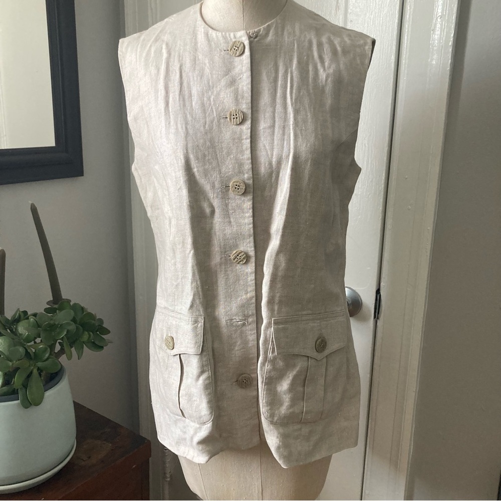 Vintage Valerie Steven’s Pure Linen oat beige sleeveless button down top vest 4